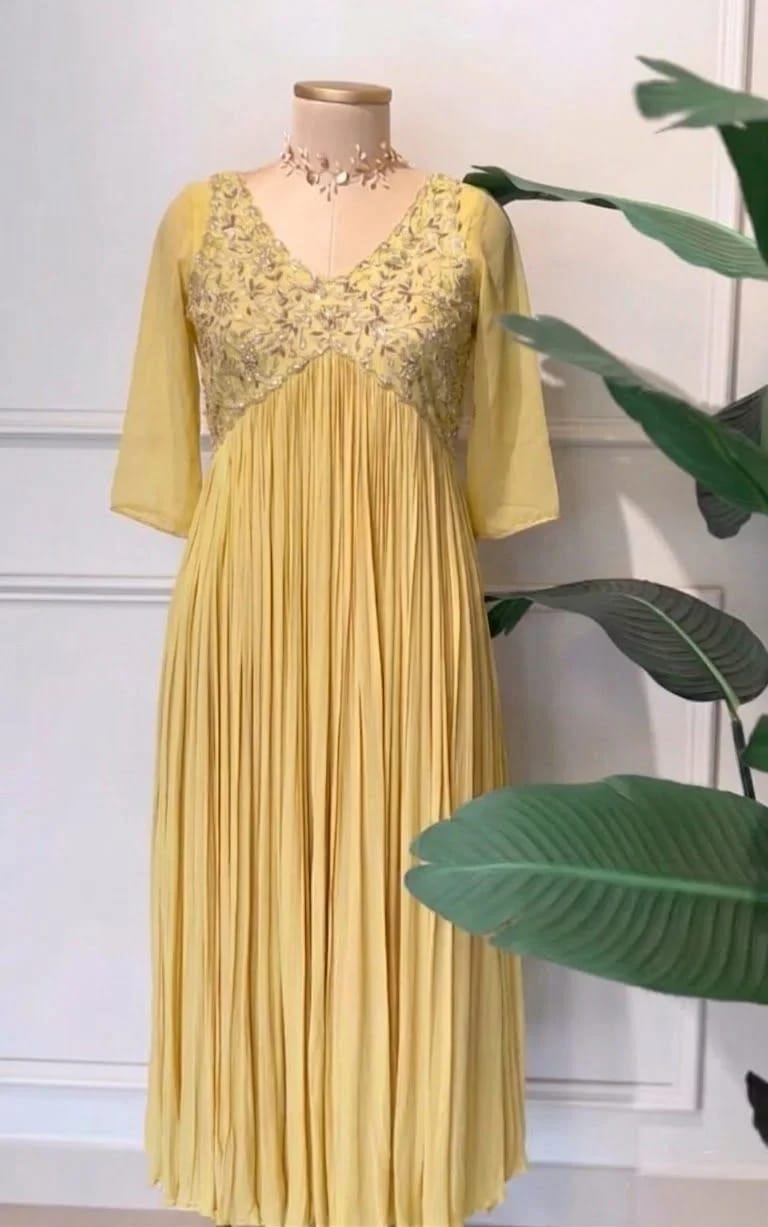 Pastel Lemon Yellow Heavy Hand Worked Crush Pleated Georgette Anarkali