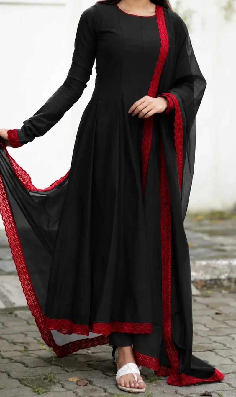 Black Chanderi Flared Panel Cut Anarkali With Contrast Maroon Red Lace Work