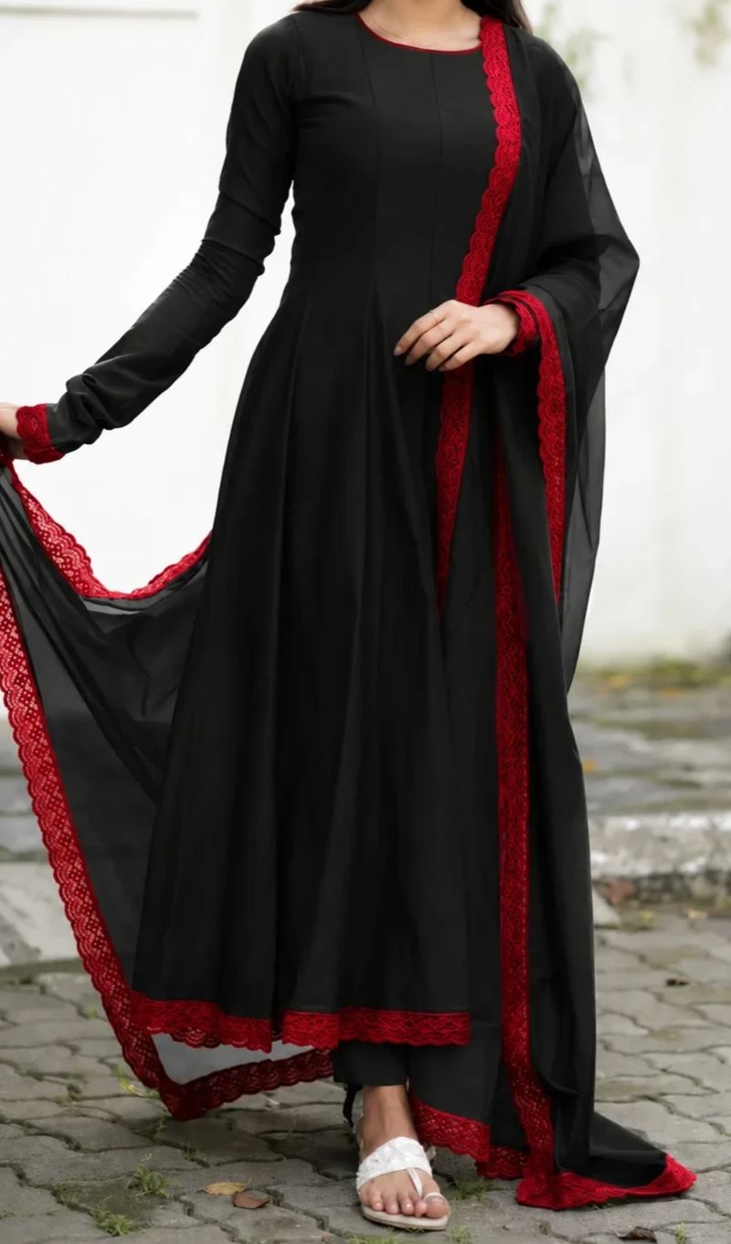 Black Chanderi Flared Panel Cut Anarkali With Contrast Maroon Red Lace Work