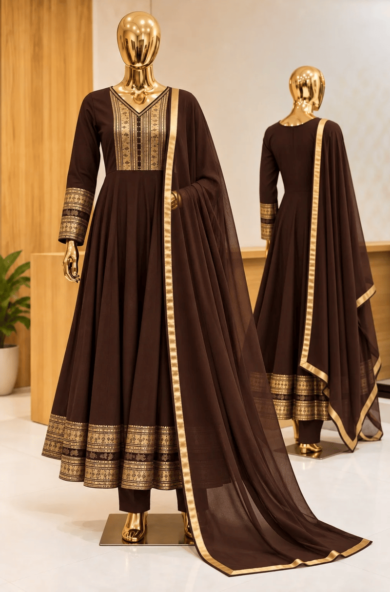 Royal Coffee Brown Zari Panel-Cut Anarkali Set