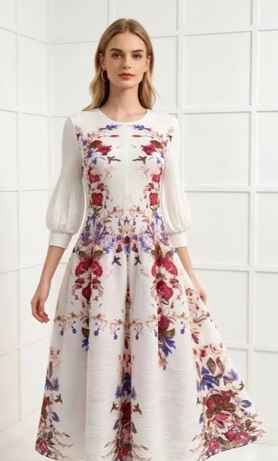 Elegant White Floral Dancing Dress in Imported Fabric