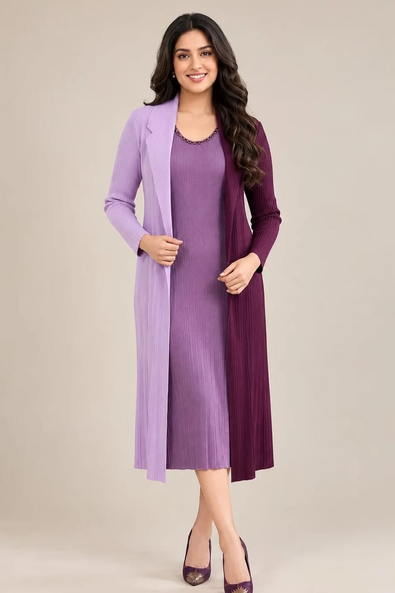 Lavender Wine Dual Tone One Piece Jacket Dress In Imported Fabric