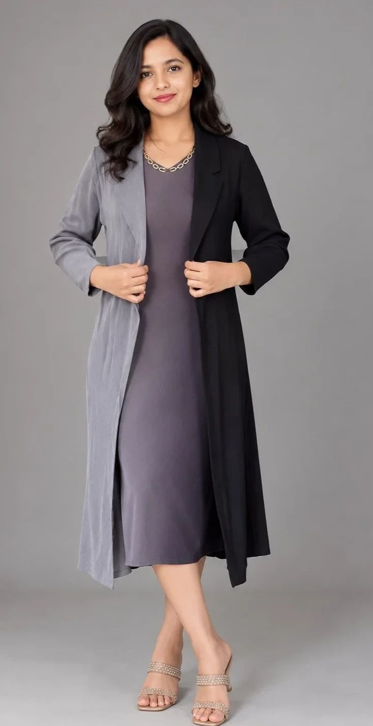 Grey Black Dual Tone One Piece Jacket Dress In Imported Fabric