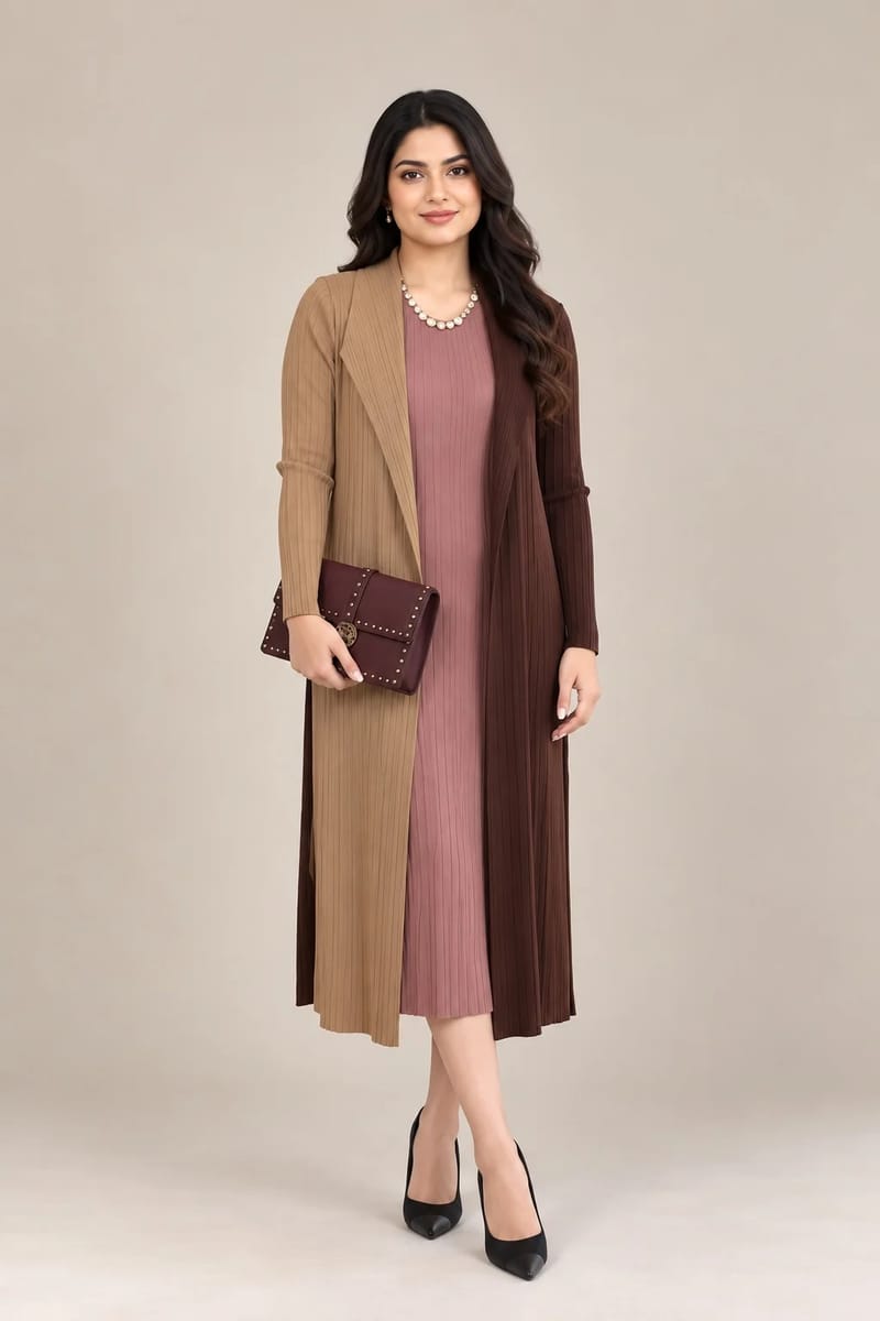 Nude Biege Coffee brown Dual tone One Piece Jacket Dress In Imported Fabric