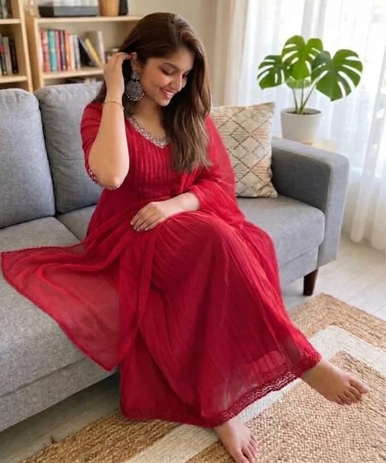 Ruby Red Pleated Georgette Salwar Suit
