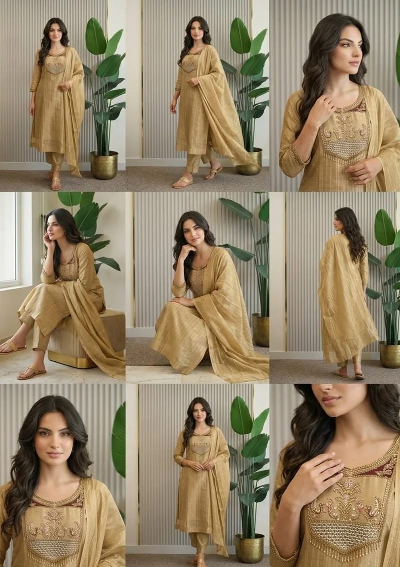 Golden Tissue Silk Salwar Set With Heavy Neck Embroidery - Image 2