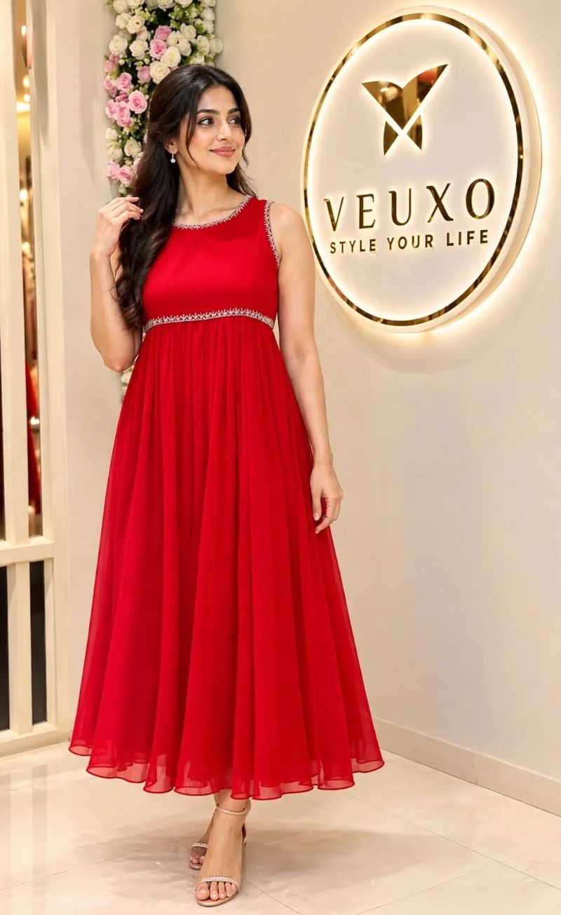 Ruby Red Georgette Flared Gown with Silver Cutwork