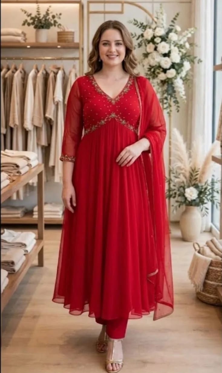 Red Georgette Alia-Cut Anarkali Suit Set