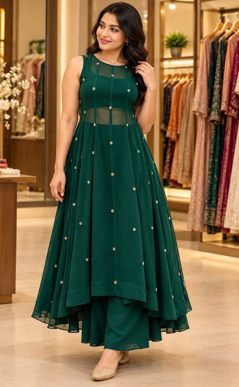 Emerald Green Chanderi Anarkali Palazzo set With Pearl Butta Work