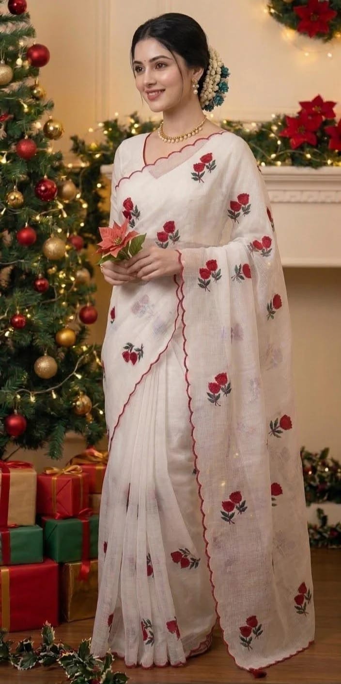 Elegant White Saree with Red Rose Embroidery and Scallop Border