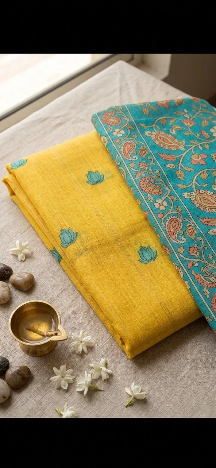 Mustard Yellow Saree with Blue Floral Butta and Kalamkari Pallu - Image 2