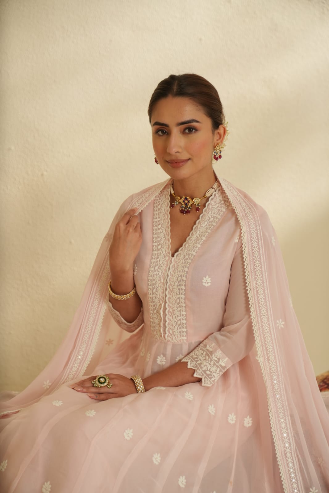 Blush Pink Embroidered Anarkali Set - Image 2