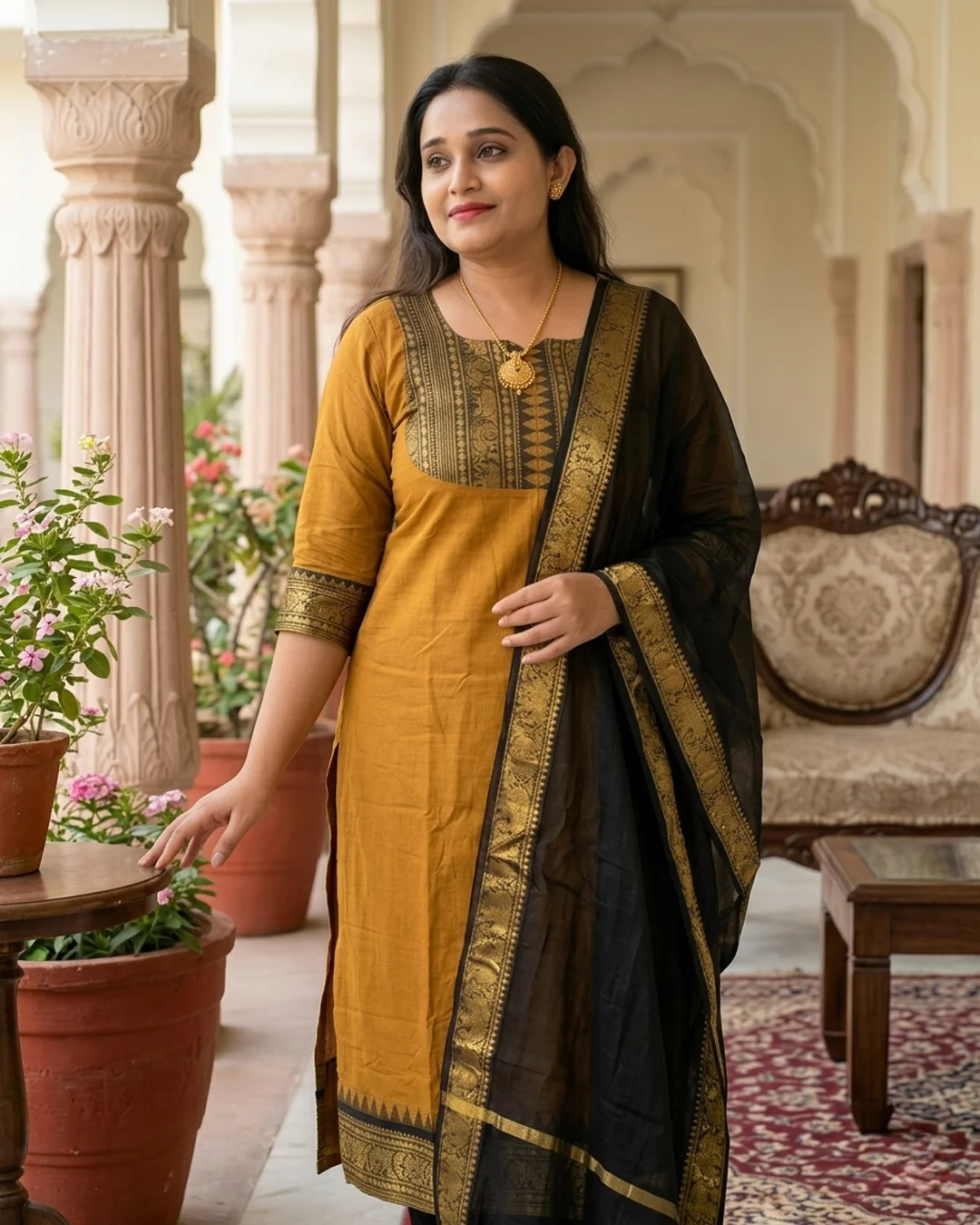 Mustard Gold Anarkali Suit with Black Dupatta