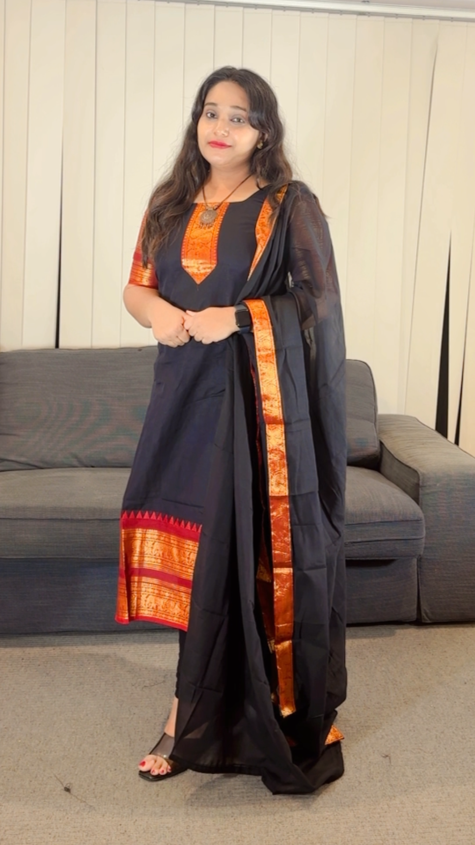 Elegant Black Anarkali with Red Accents - Image 2