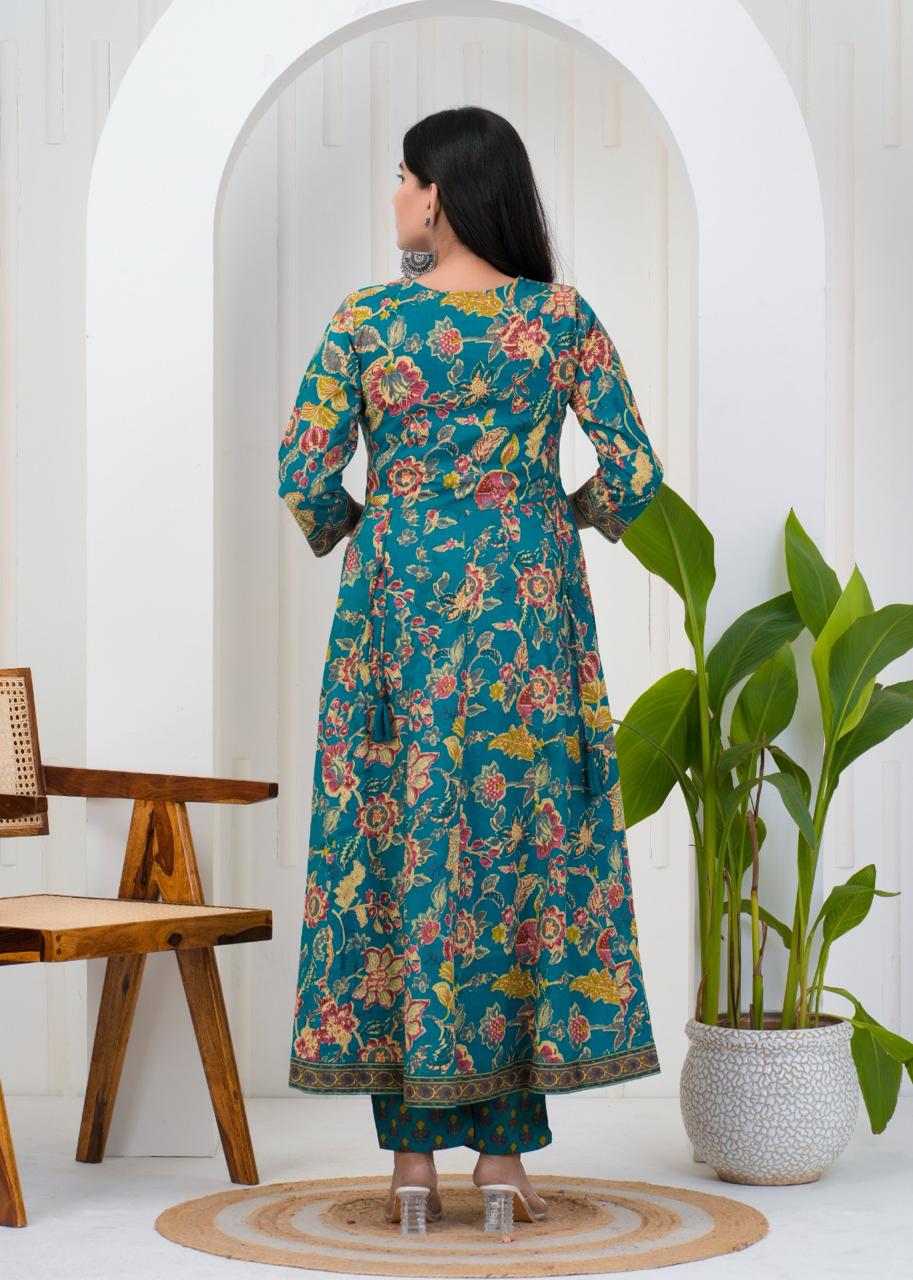  Teal Floral Cotton Anarkali Suit