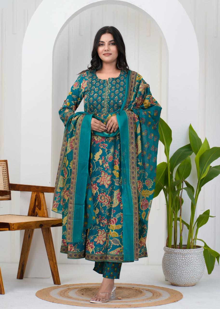 Teal Floral Cotton Anarkali Suit - Image 2