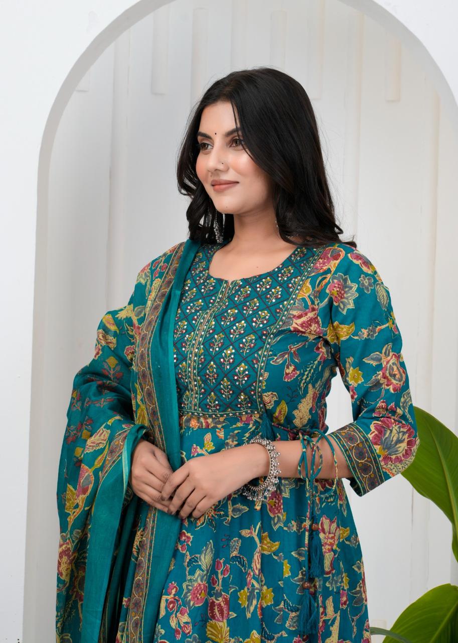 Teal Floral Cotton Anarkali Suit - Image 3