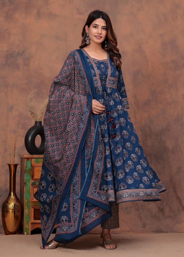 Indigo Blue Printed Kurta Set with Dupatta