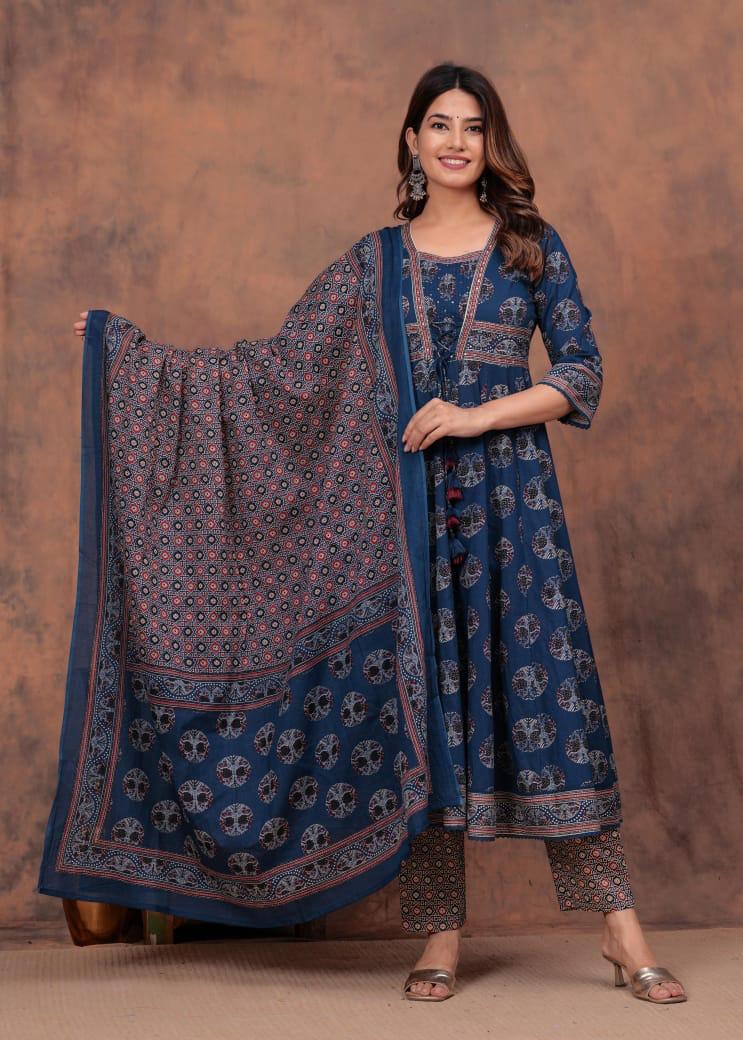 Indigo Blue Printed Kurta Set with Dupatta - Image 2