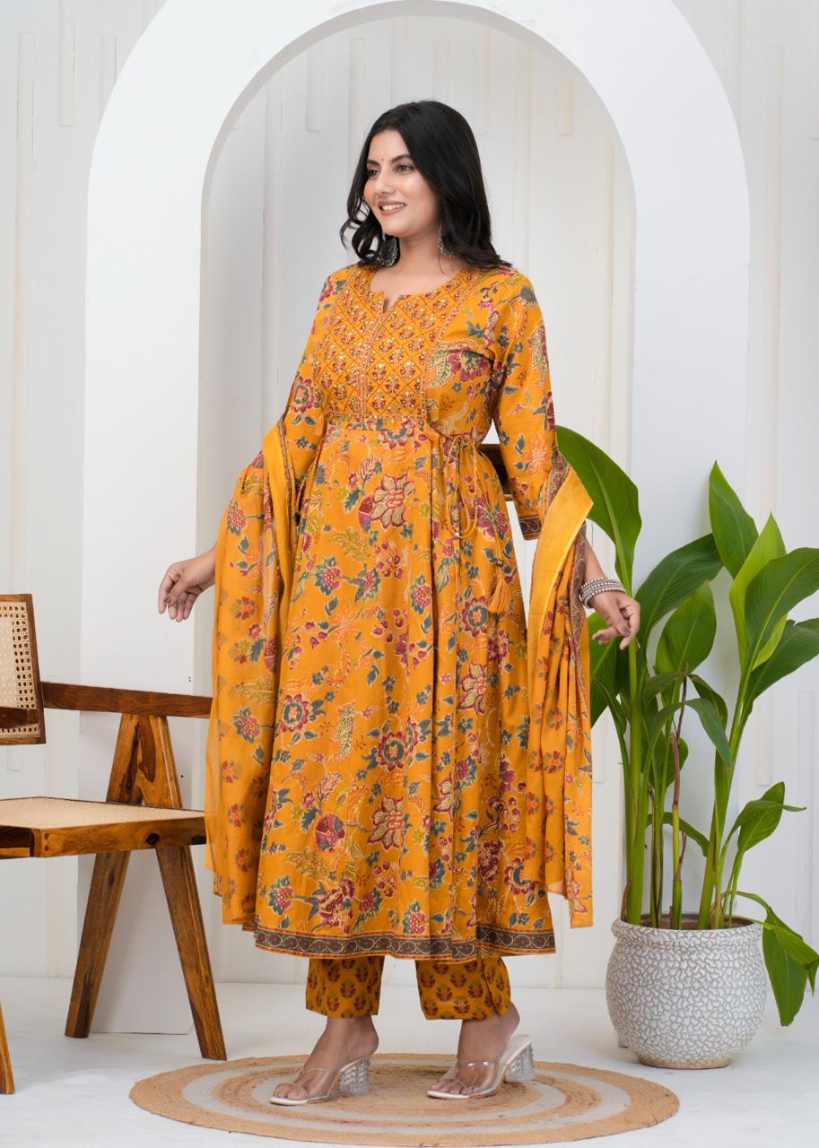 Yellow Floral Printed Kurta Set with Dupatta