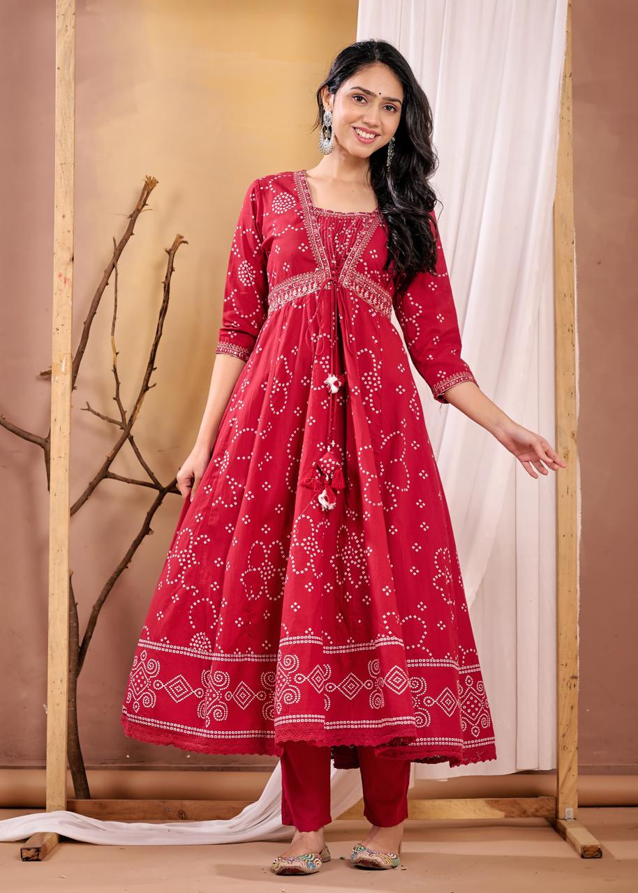 Red Bandhani Print Anarkali Kurta Set