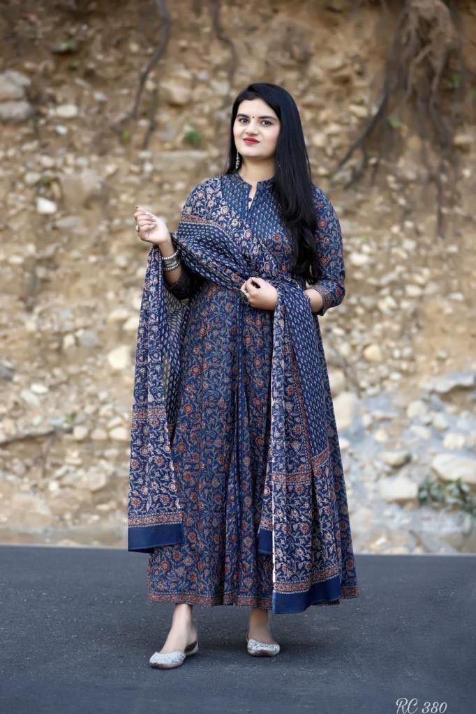 Indigo Blue Ajrak Printed Anarkali Suit