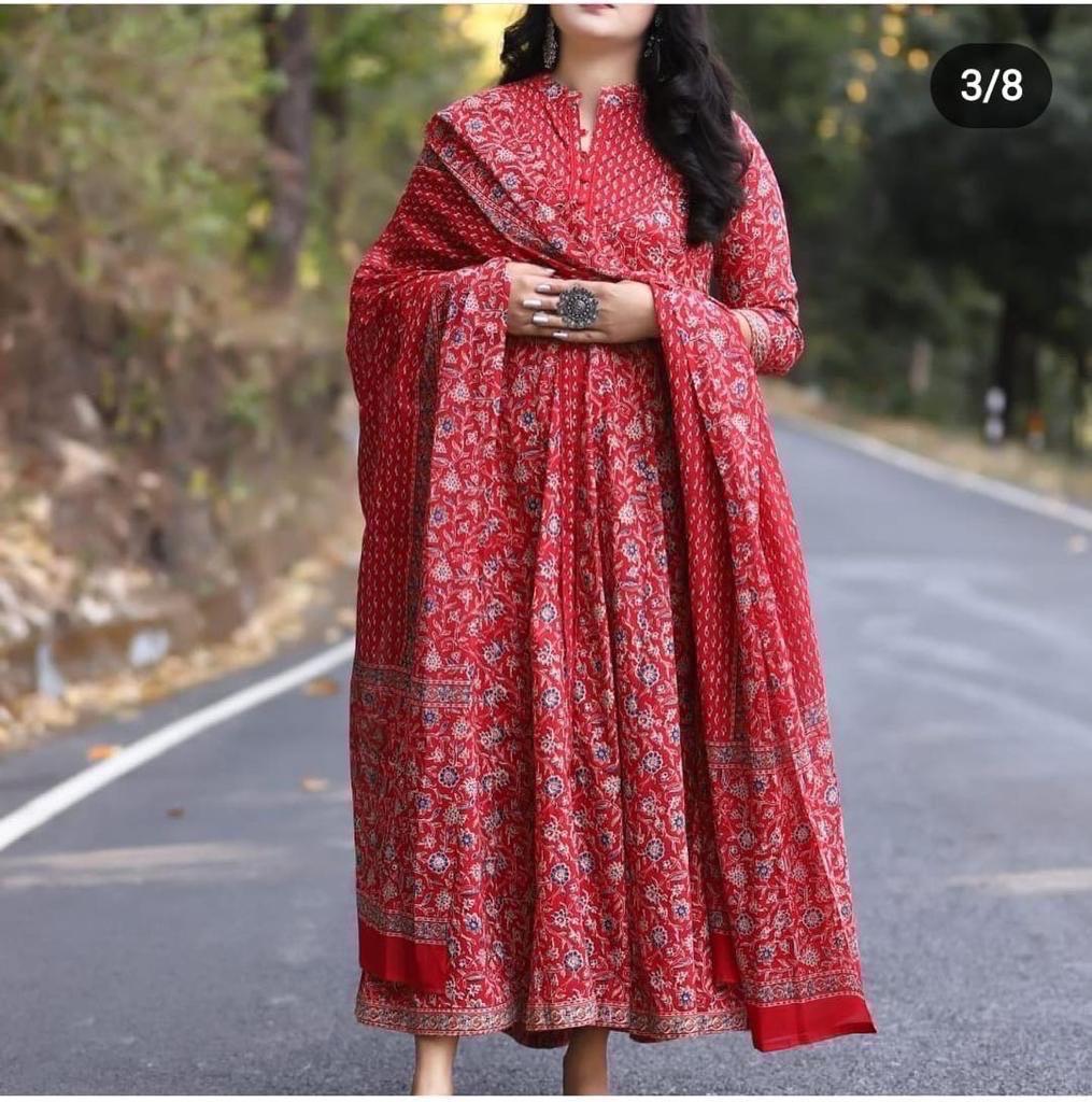 Scarlet Red Floral Printed Anarkali Suit