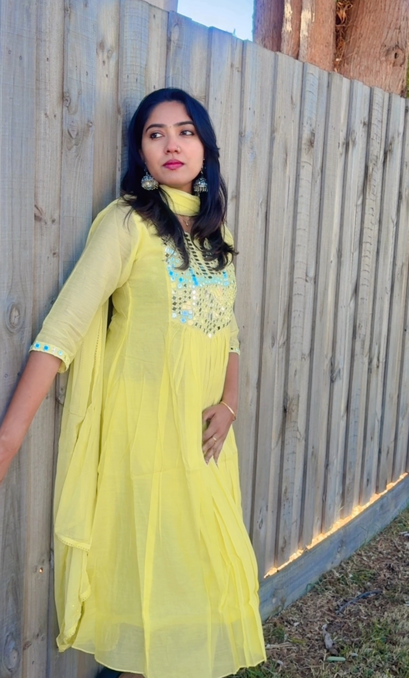 Bright Yellow Naira Cut Kurta with Mirror Work