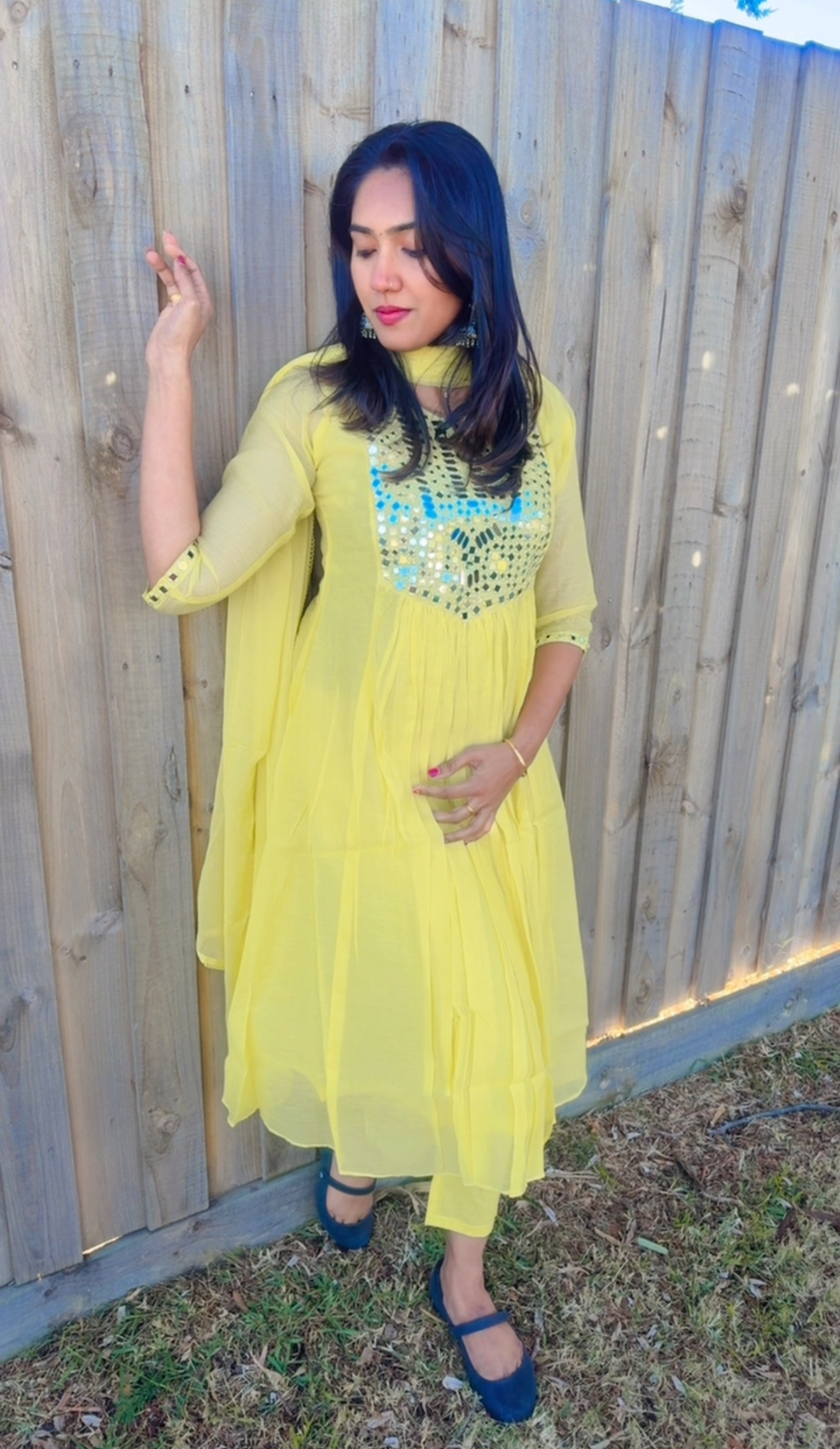 Bright Yellow Naira Cut Kurta with Mirror Work - Image 2