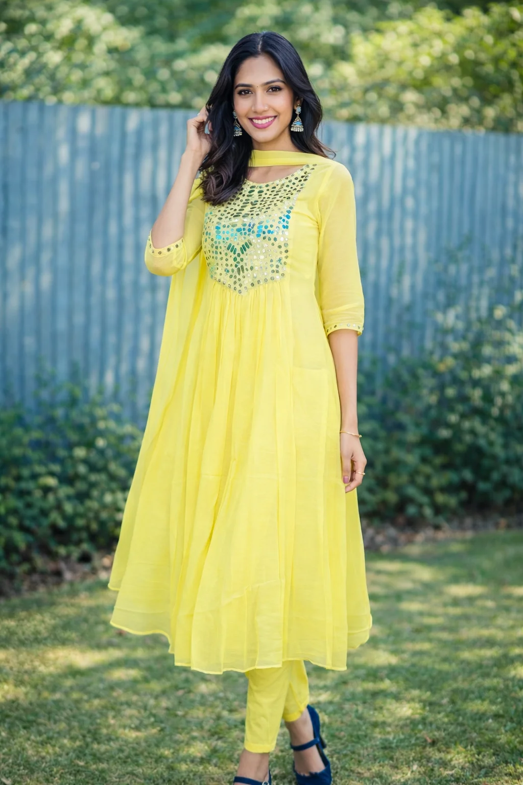 Bright Yellow Naira Cut Kurta with Mirror Work