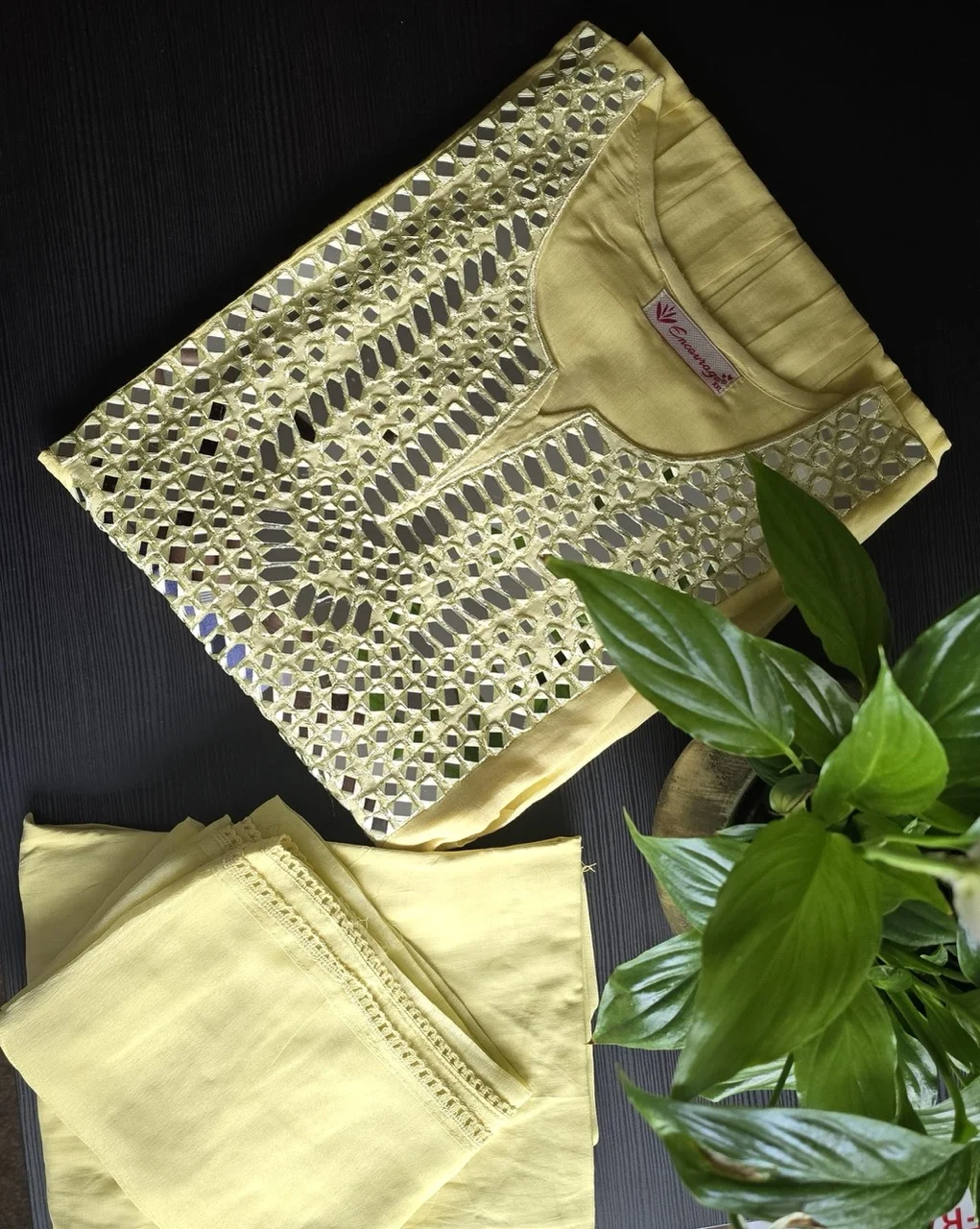 Bright Yellow Naira Cut Kurta with Mirror Work - Image 2