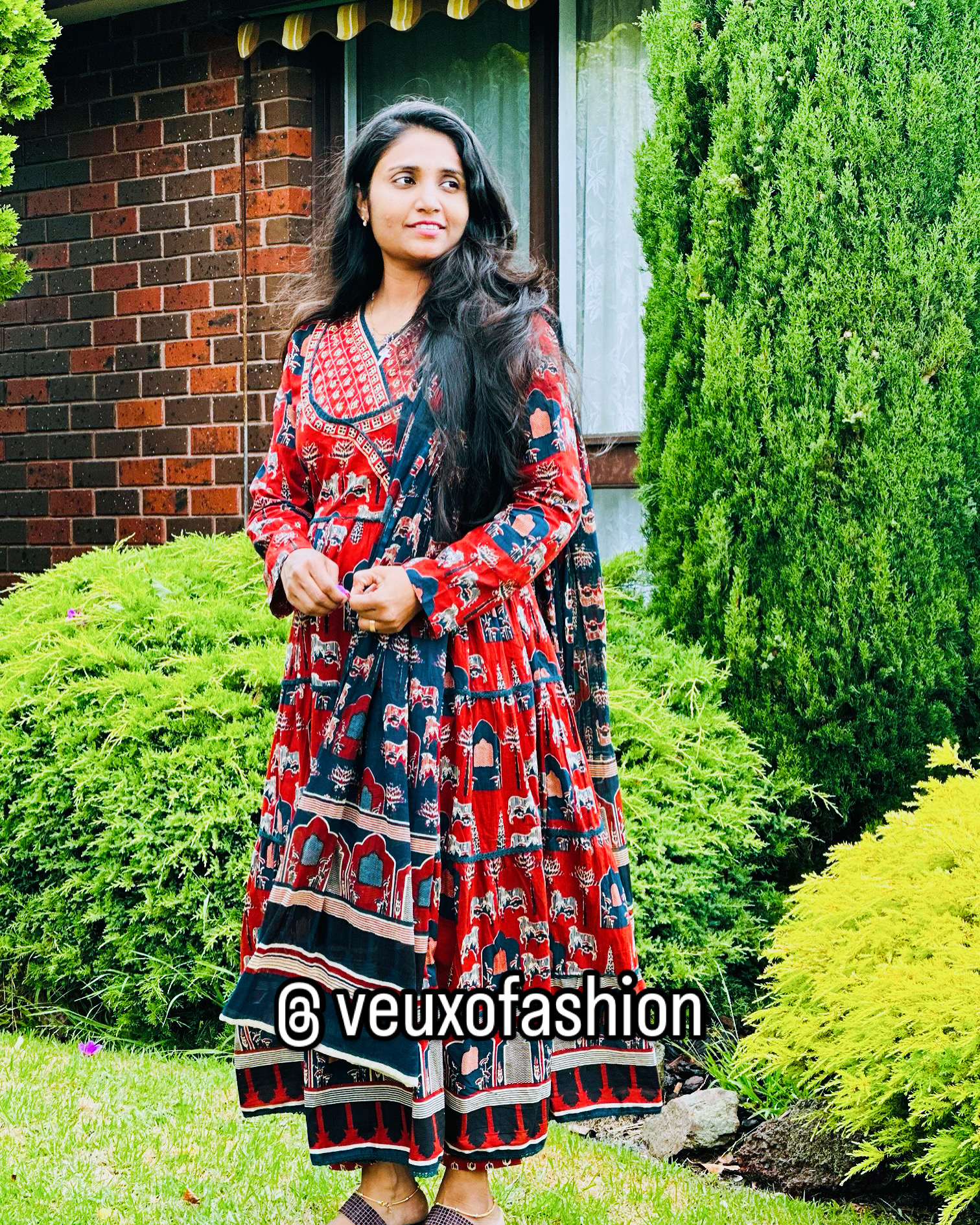 Vibrant Red & Blue Tiered Kurta Set