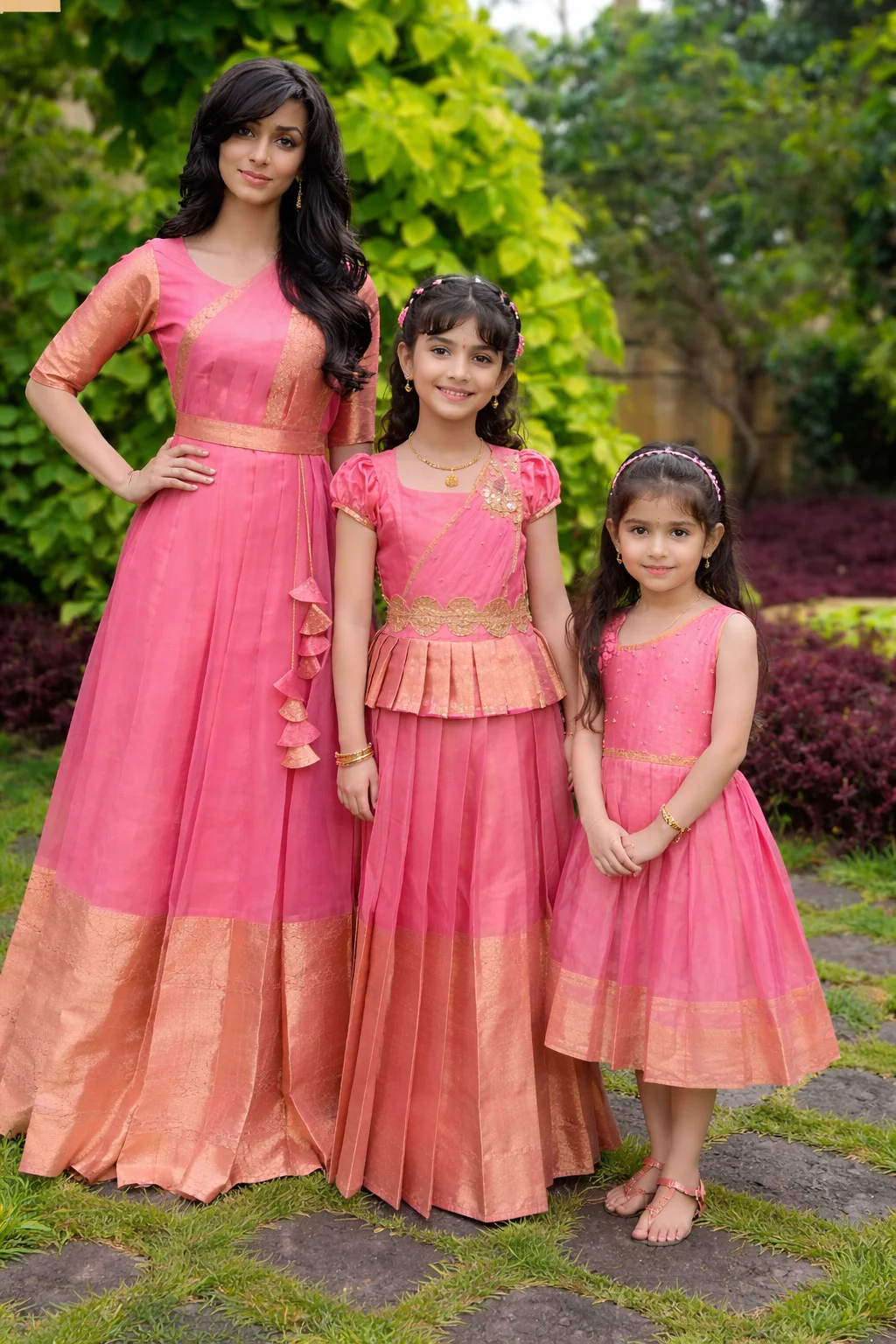 Elegant Pink & Gold Mom & Daughters Matching Set