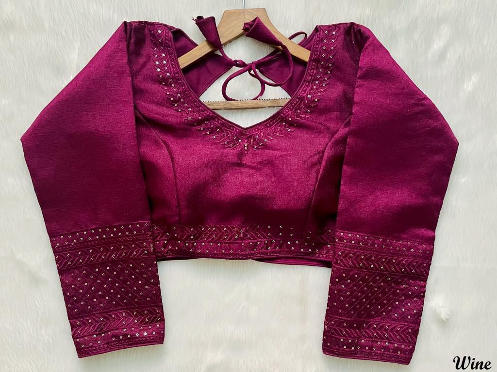 Elegant Wine Embroidered Full Sleeve Saree Blouse