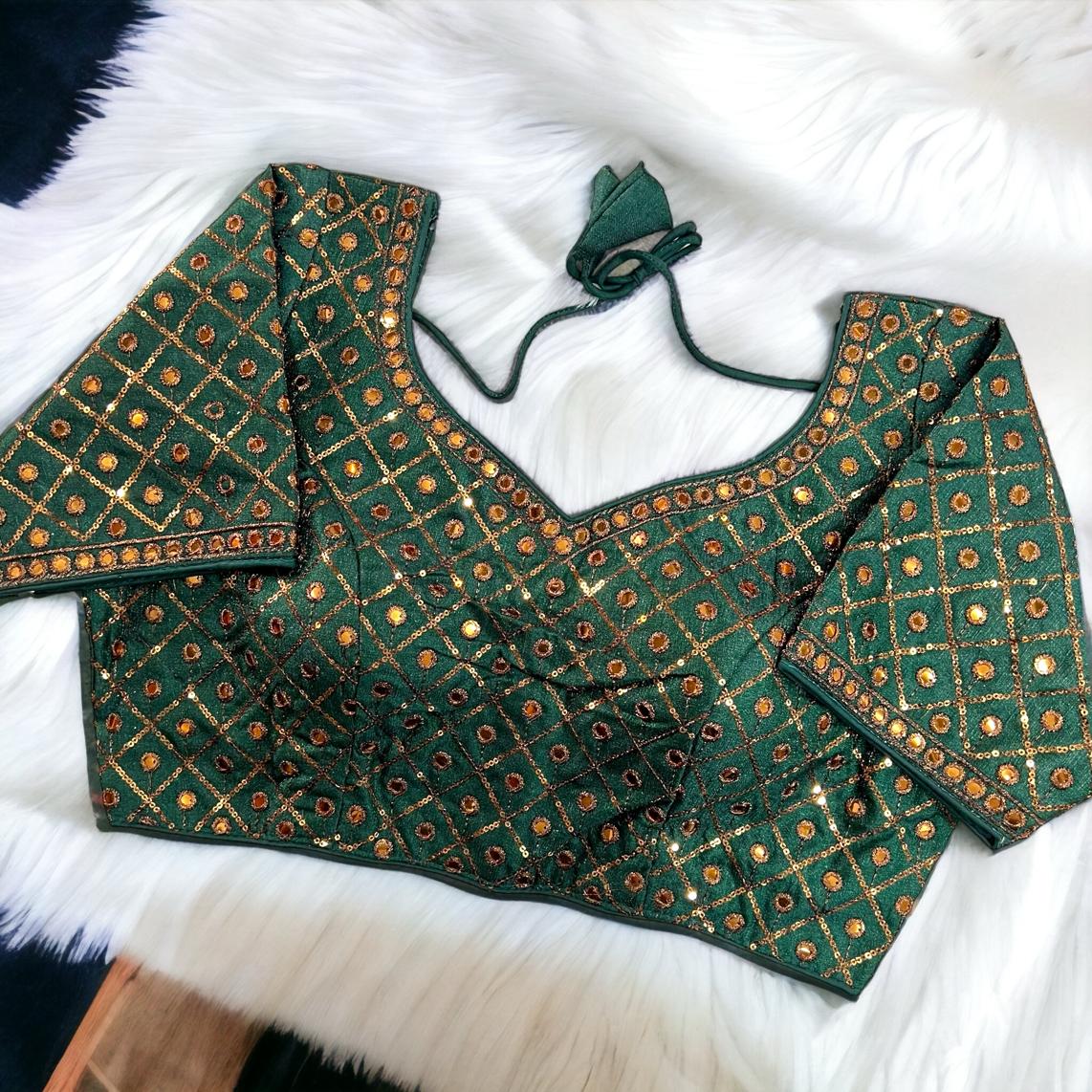 Emerald Green Mirror Work Half Sleeve Saree Blouse