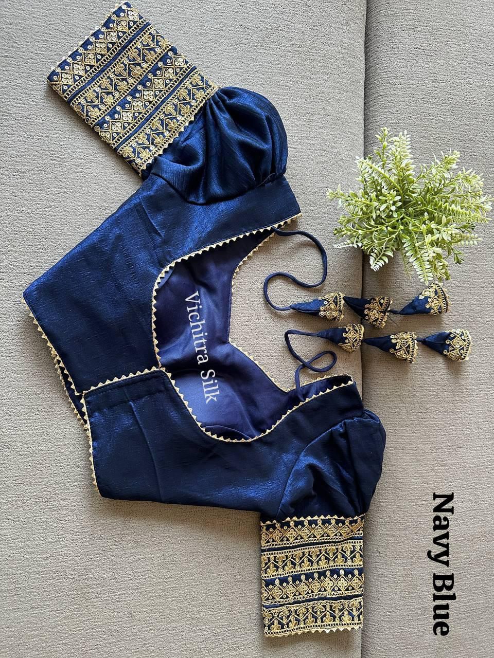 Navy Blue Embroidered Puff Sleeve Saree Blouse