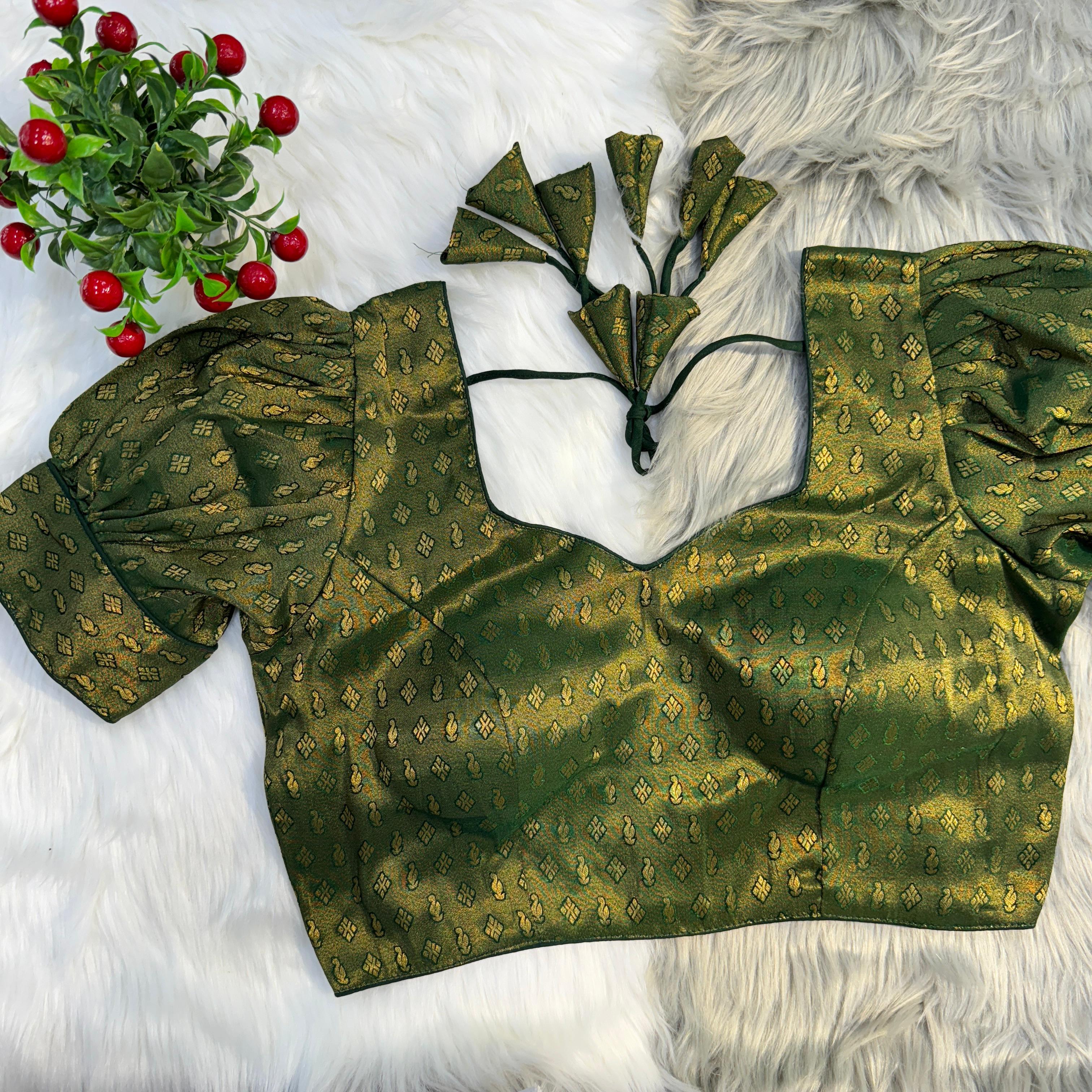 Emerald Green & Gold Woven Saree Blouse