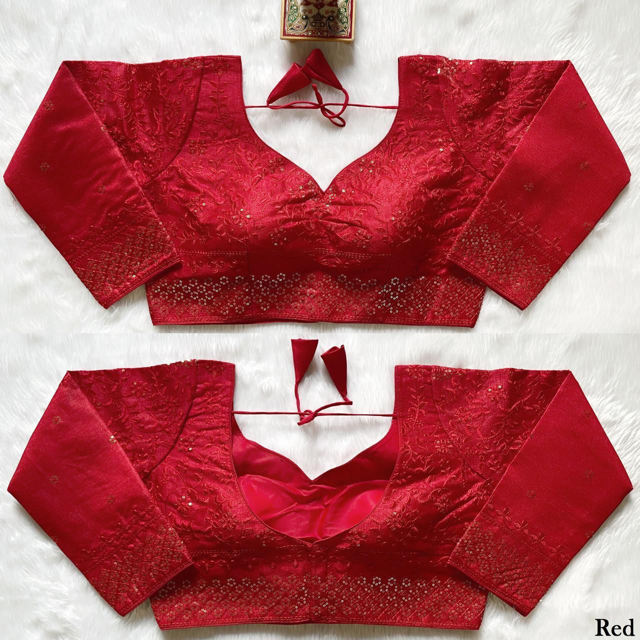 Rich Red Embroidered & Sequin Full Sleeve Saree Blouse