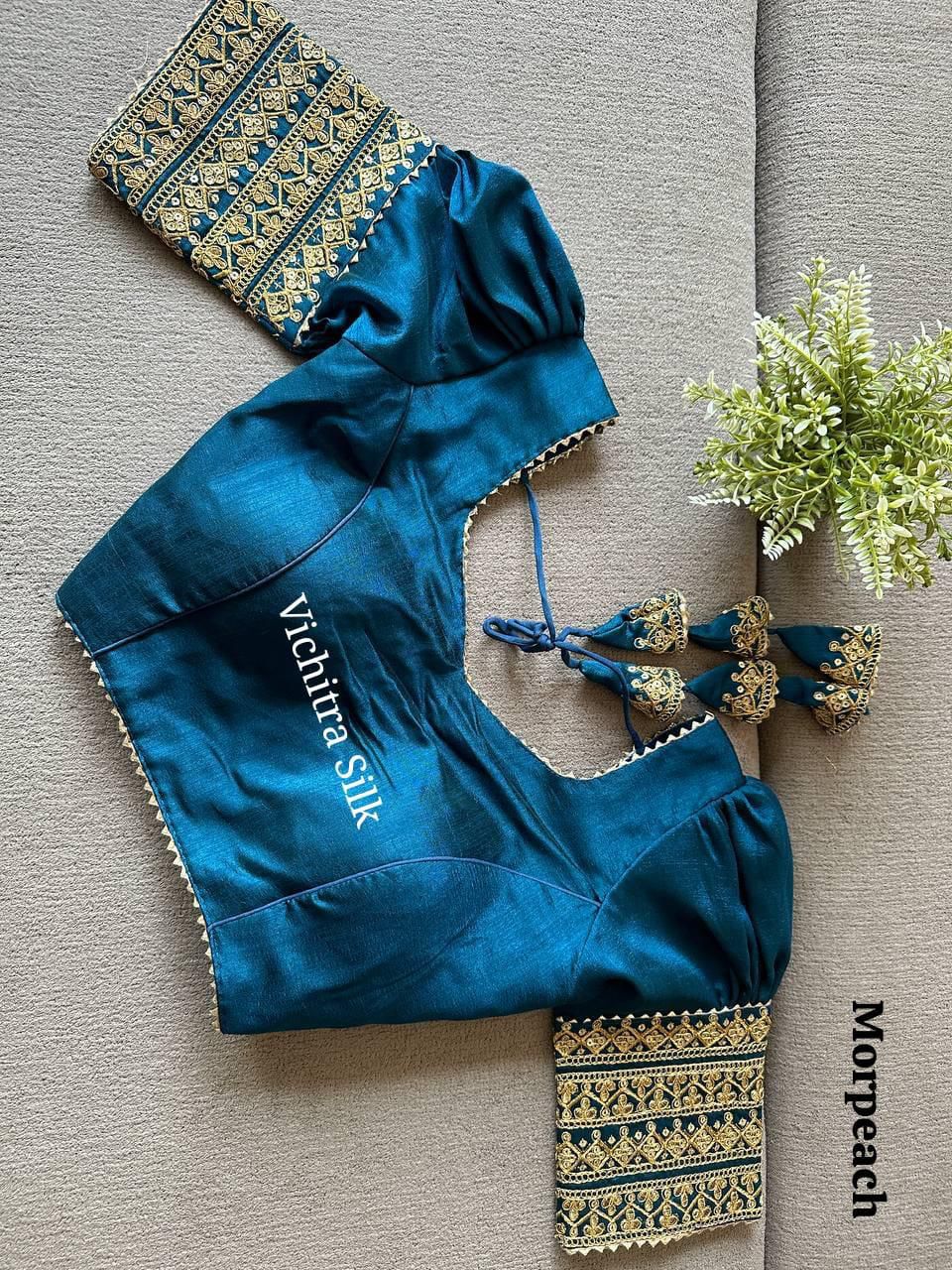 Elegant Teal Blue Embroidered Puff Sleeve Saree Blouse
