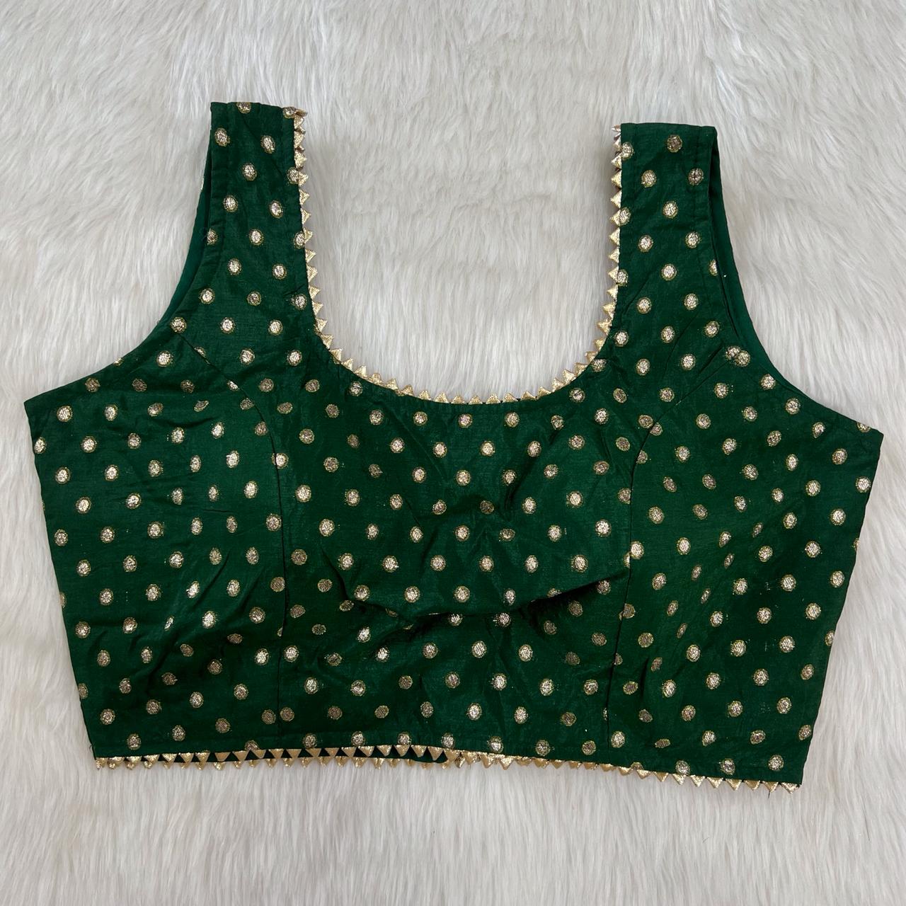 Dark Green Butti Print Sleeveless Saree Blouse