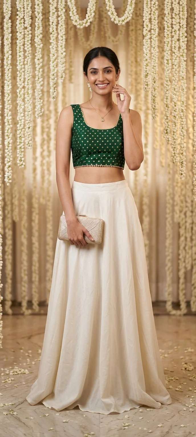 Dark Green Butti Print Sleeveless Saree Blouse