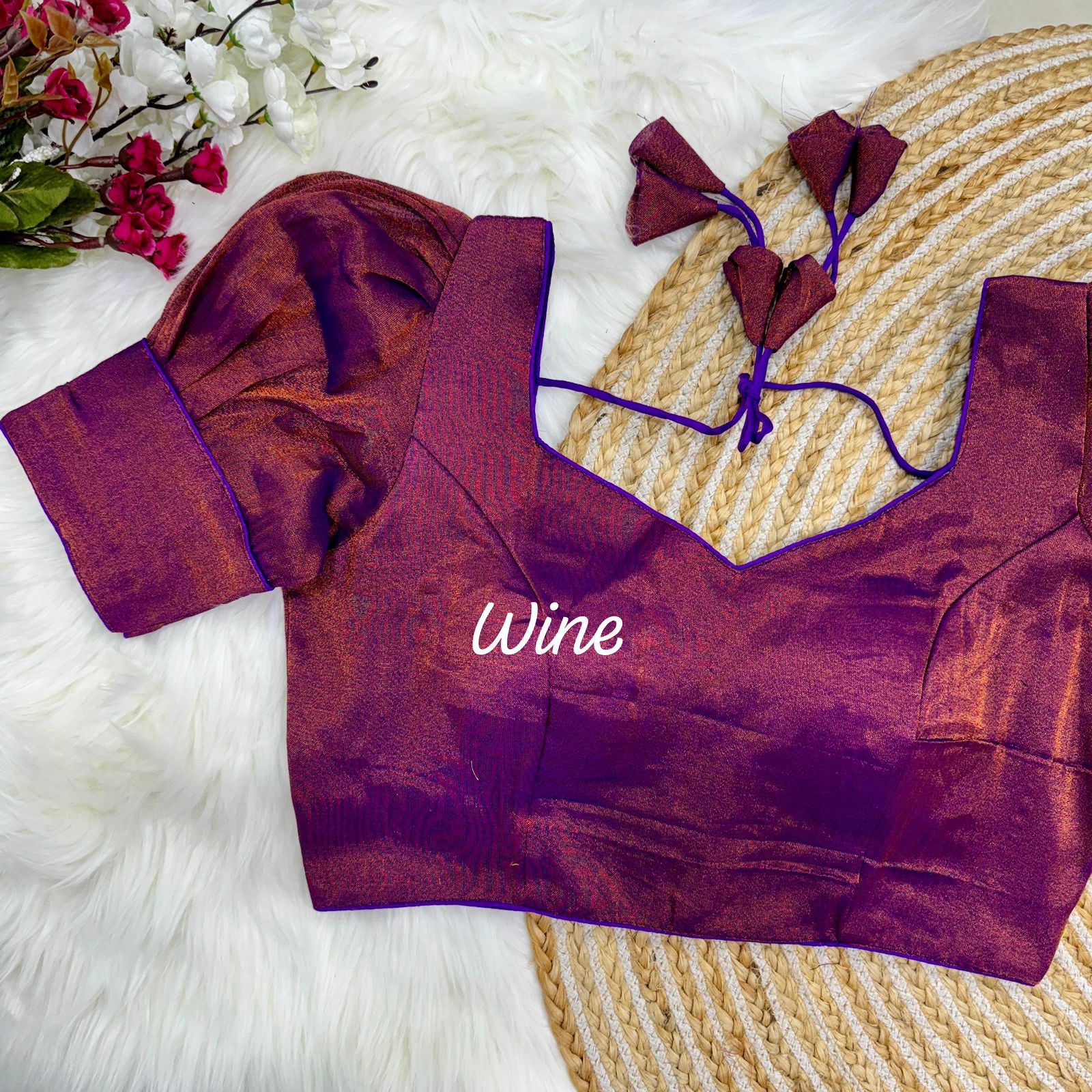 Elegant Wine Metallic Silk Saree Blouse