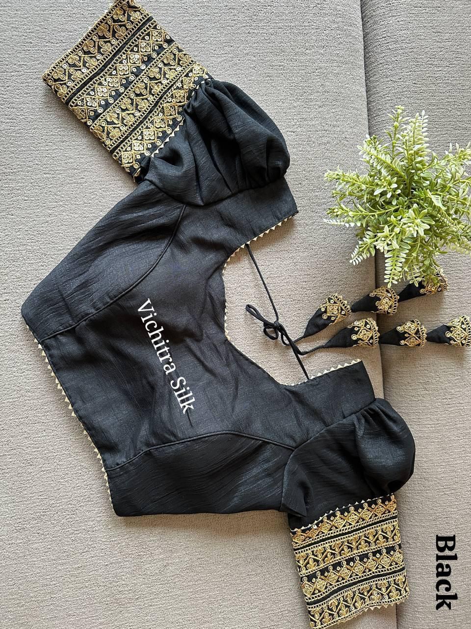 Elegant Black Saree Blouse with Gold Embroidered Sleeves