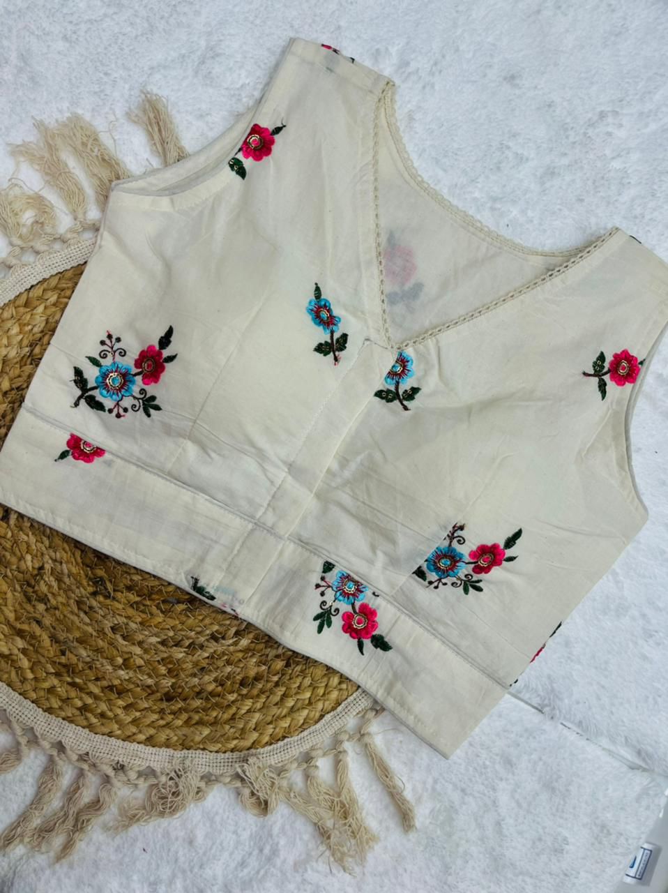 Stylish Cream Embroidered Sleeveless Saree Blouse
