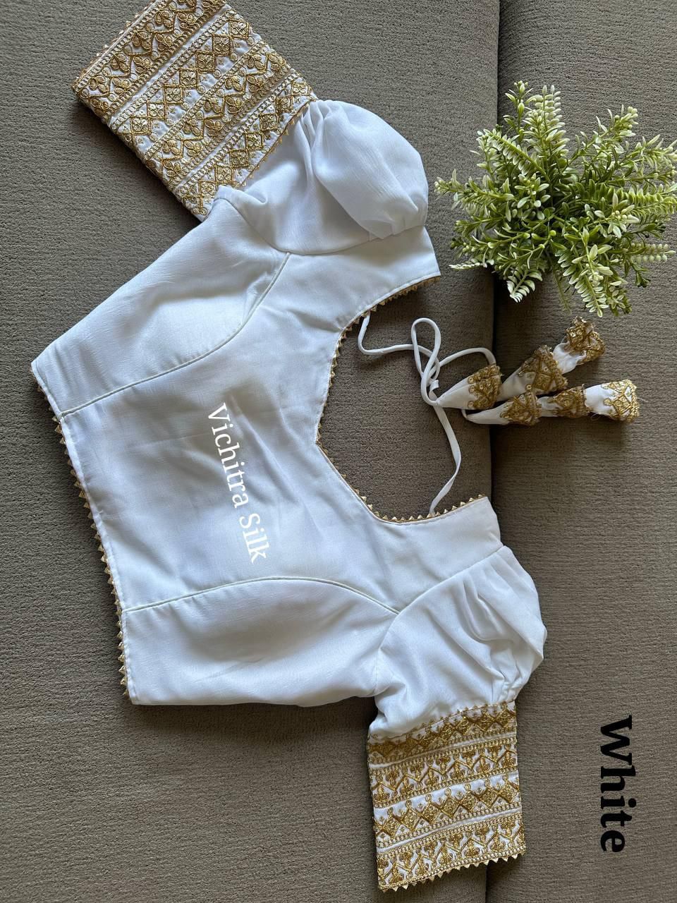Pristine White Saree Blouse with Gold Embroidered Sleeves