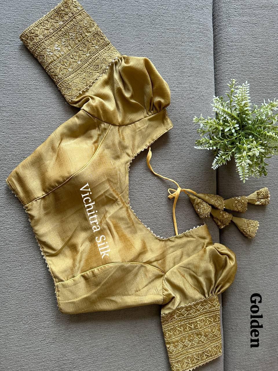 Radiant Golden Saree Blouse with Embroidered Sleeves