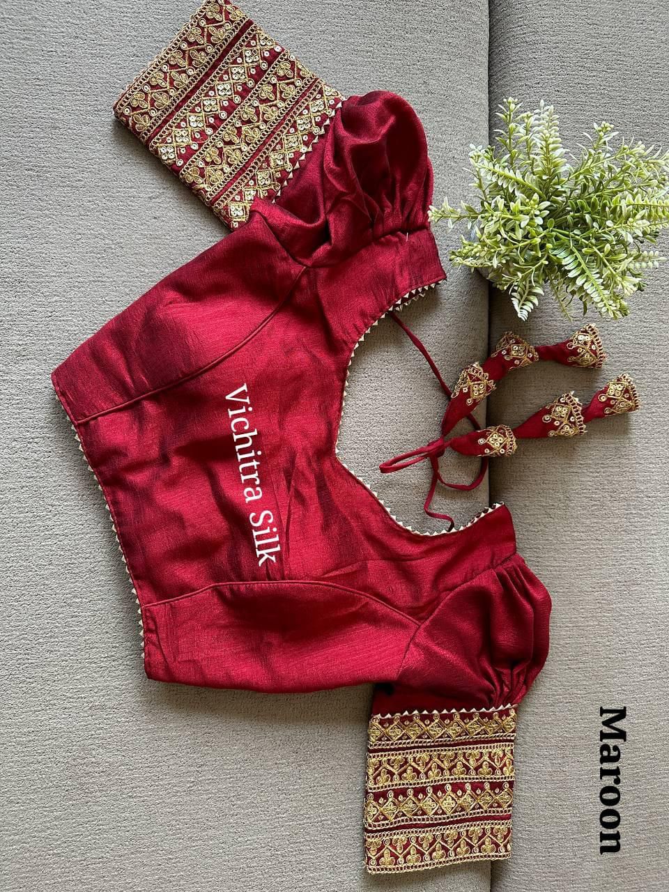 Rich Maroon Saree Blouse with Embroidered Sleeves
