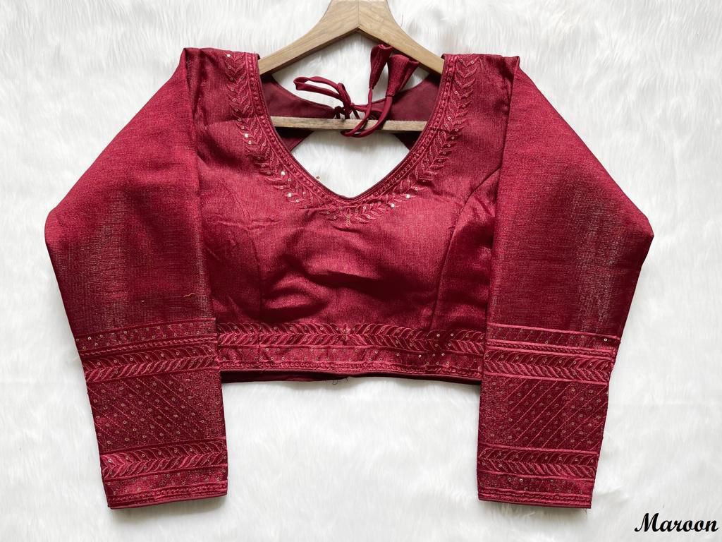 Trendy Maroon Milan Silk Saree Blouse with Multi-Embroidery & V-Neck