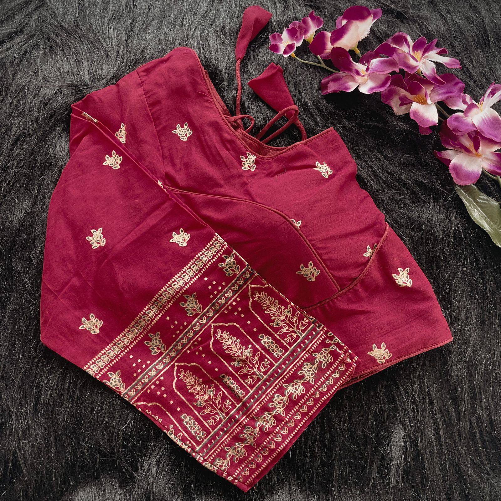 Elegant Maroon Saree Blouse with Gold Kasuti-Inspired Embroidery