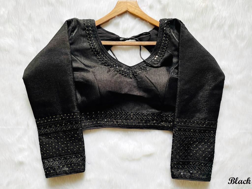 Stylish Black Milan Silk Saree Blouse with Multi-Embroidery & V-Neck